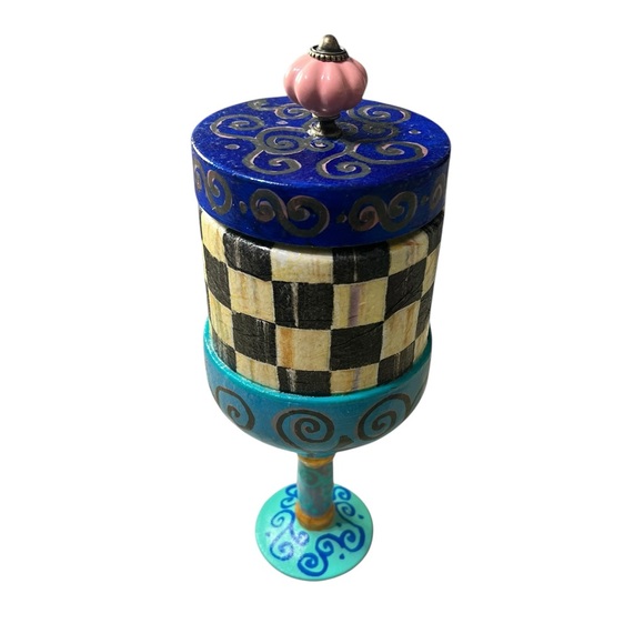 Artistic Blue and Black Checkered Trinket Jar, Mackenzie Child Inspired.. - Picture 12 of 14